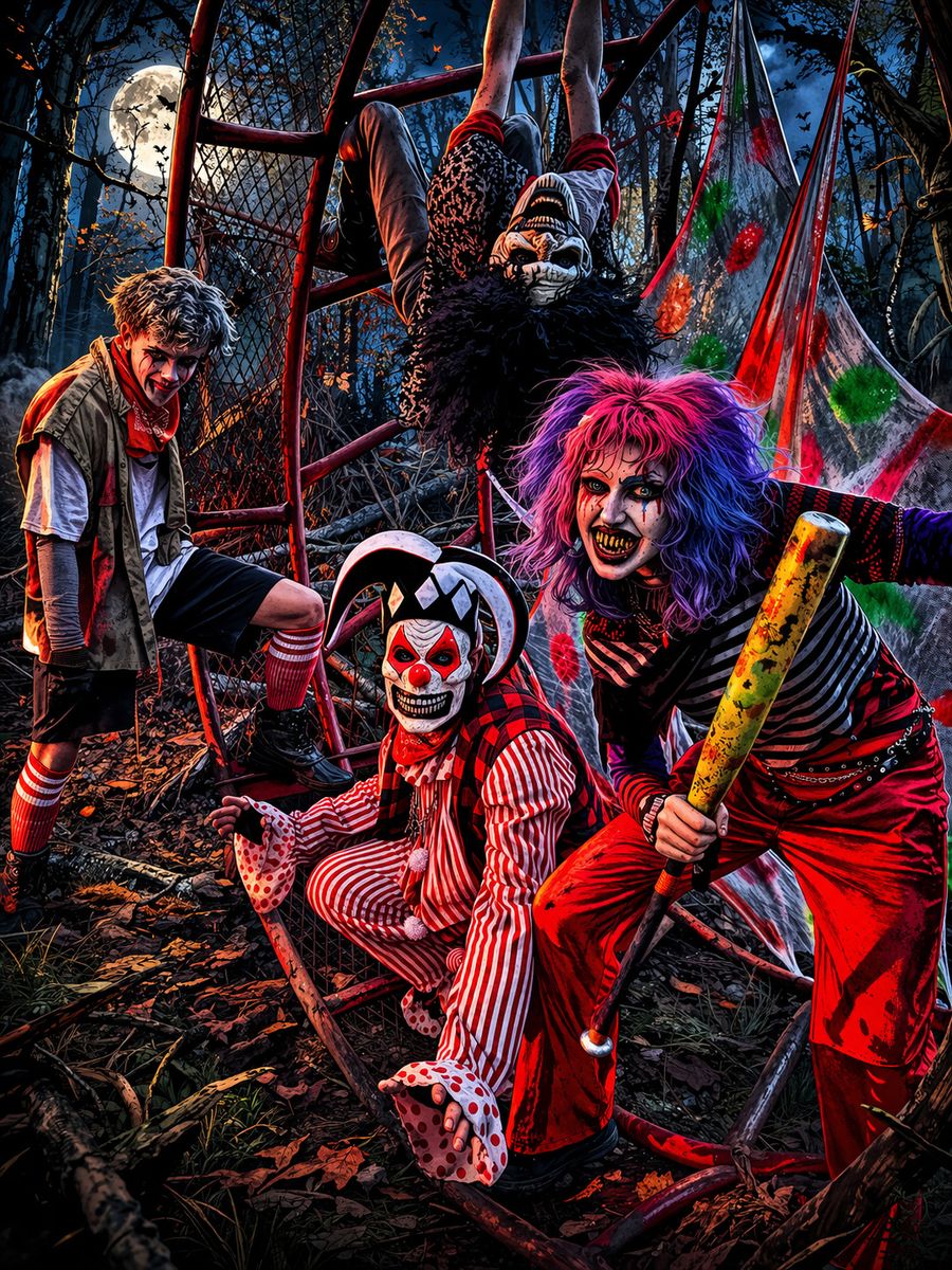Promotional artwork: a jester, a bat-wielding clown with pink and purple hair, a ragged youth and a hooded figure hanging from a rusted playground frame in moonlit woods.
