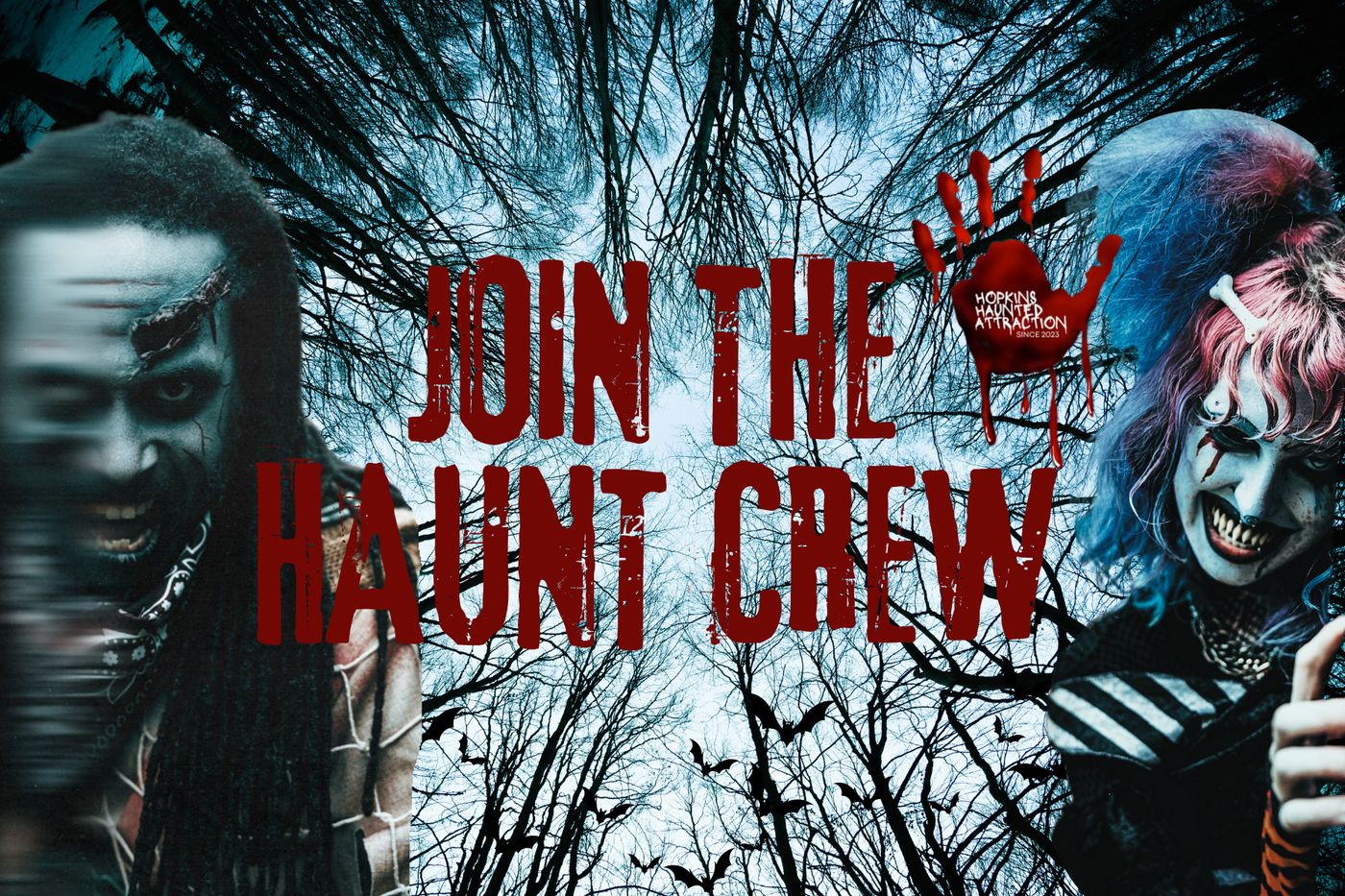 Recruitment artwork reading “Join the Haunt Crew” in distressed red letters over bare winter trees, with a screaming figure on the left and a grinning clown on the right and the red handprint logo.